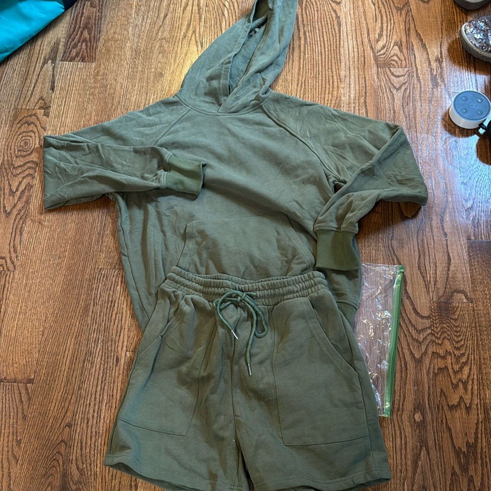 Olive Green Women's Hoodie and Shorts Set